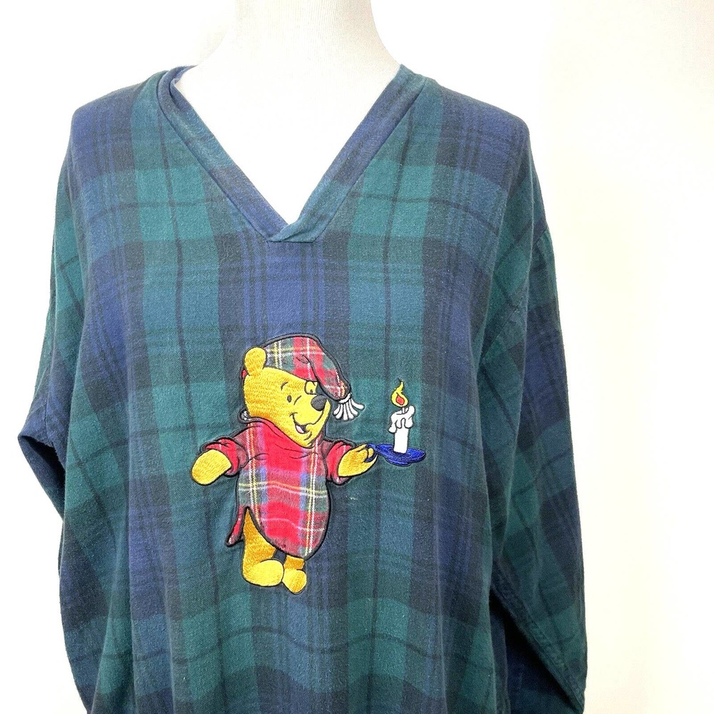 Disney Winnie The Pooh Navy Green Flannel Gown Women’s One Size Vintage Plaid